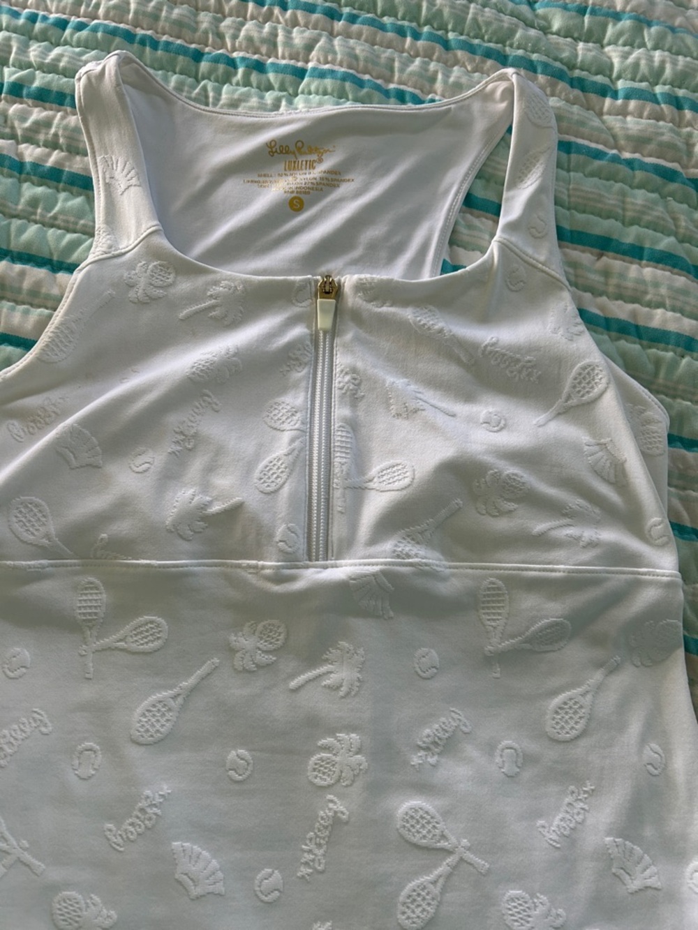 Lilly Pulitzer White Embossed Tennis Tank with palm trees and tennis racquets